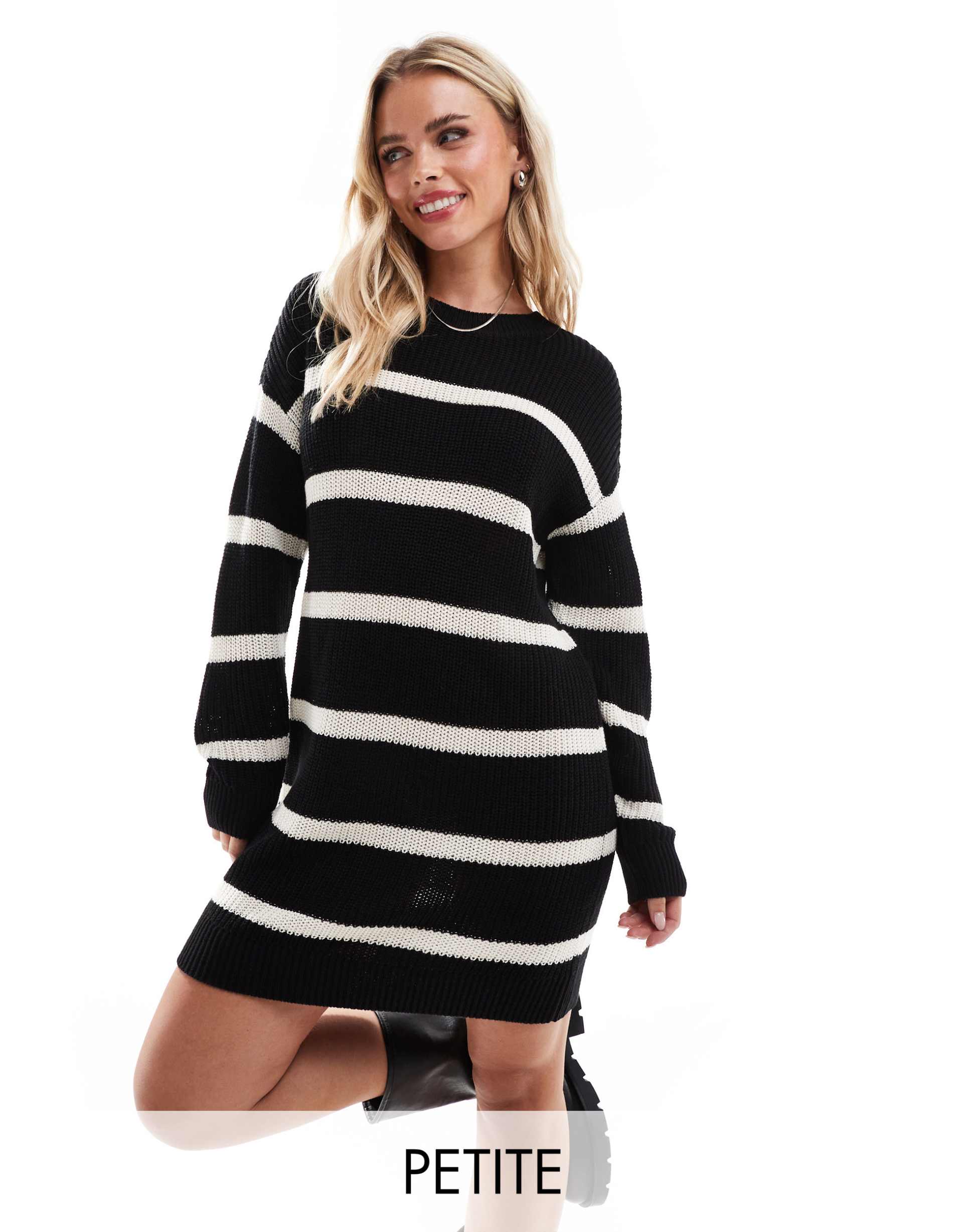 noisy may petite slouchy knit dress in black with beige stripe