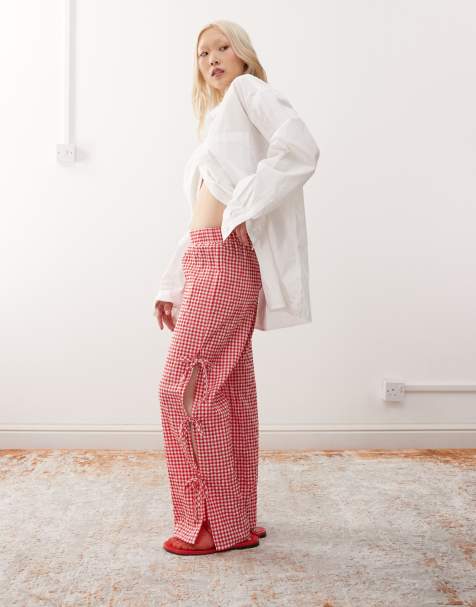 Noisy May Petite wide leg side tie detail trousers in red gingham