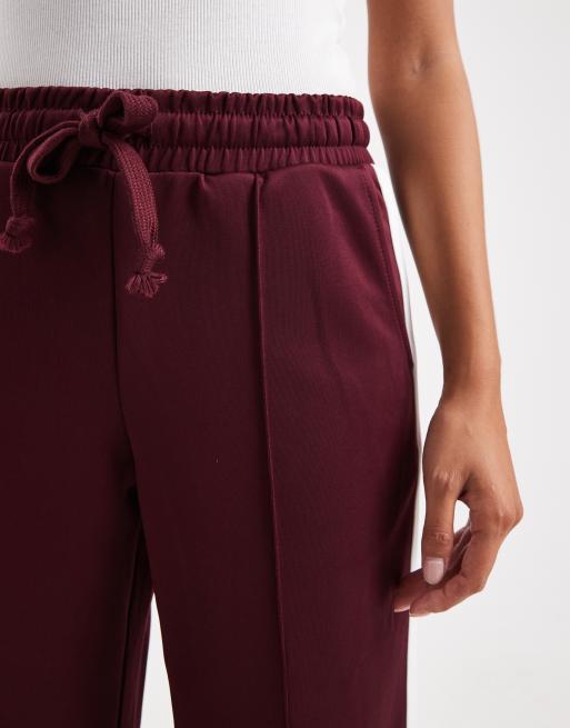 Noisy May Petite straight leg jersey pants in burgundy with white side stripe, 5 of 5