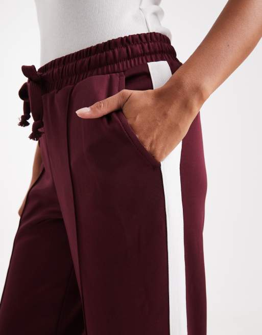 Noisy May Petite straight leg jersey trouser in burgundy with white side stripe, 3 of 5