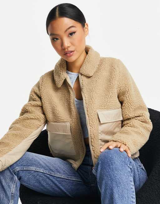 Noisy May Petite teddy jacket in beige ASOS