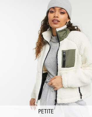 Noisy May Petite teddy zip through jacket in cream with khaki pocket-White