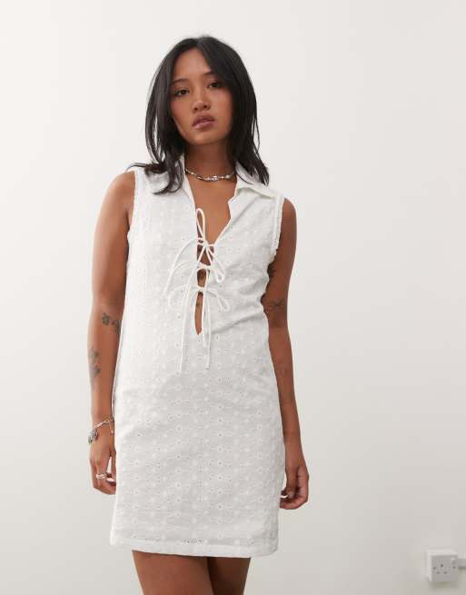 Noisy May Petite tie front broderie polo dress in white, 2 of 4