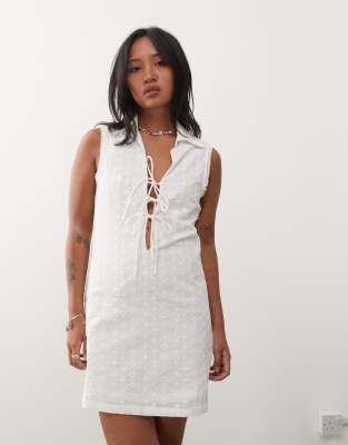 Noisy May Petite Tie Front Eyelet Polo Dress In White