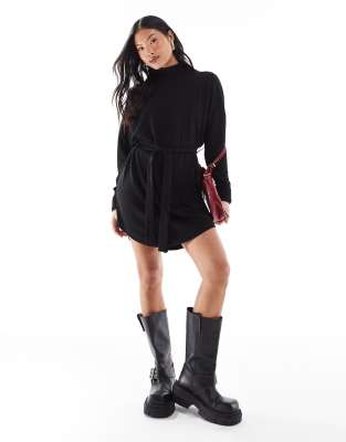 tie waist high neck knit mini sweater dress in black