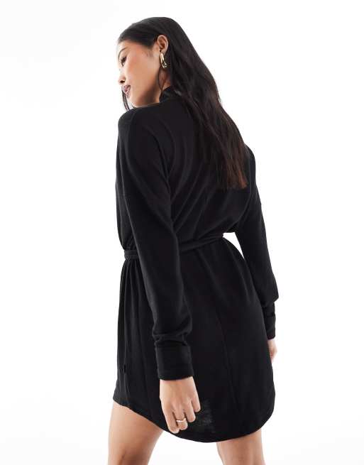 Noisy May Petite tie waist high neck knit mini sweater dress in black | ASOS