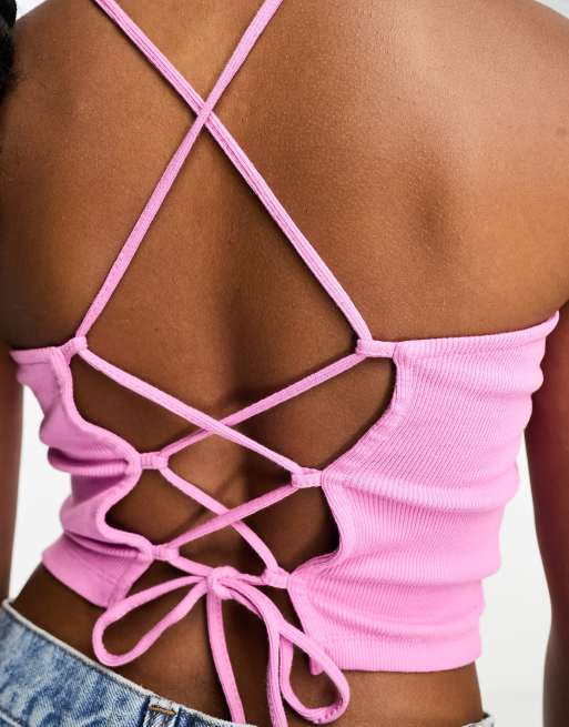 Noisy May Petite - Top à encolure montante et lacets dans le dos - Rose, 3 de 4