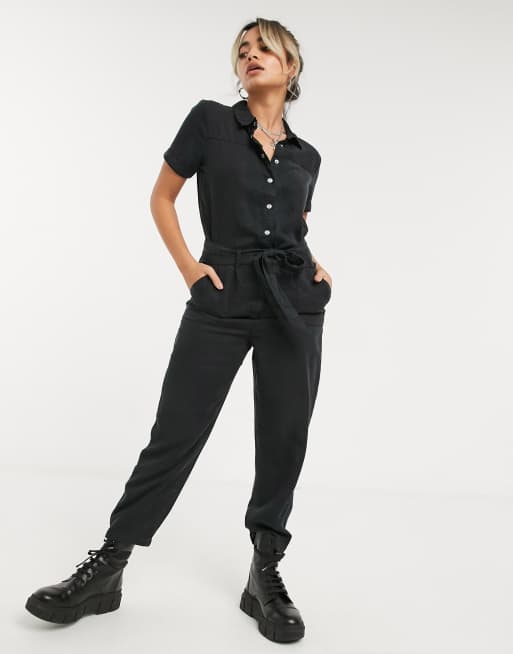 Noisy May Petite utility tie front jumpsuit in black