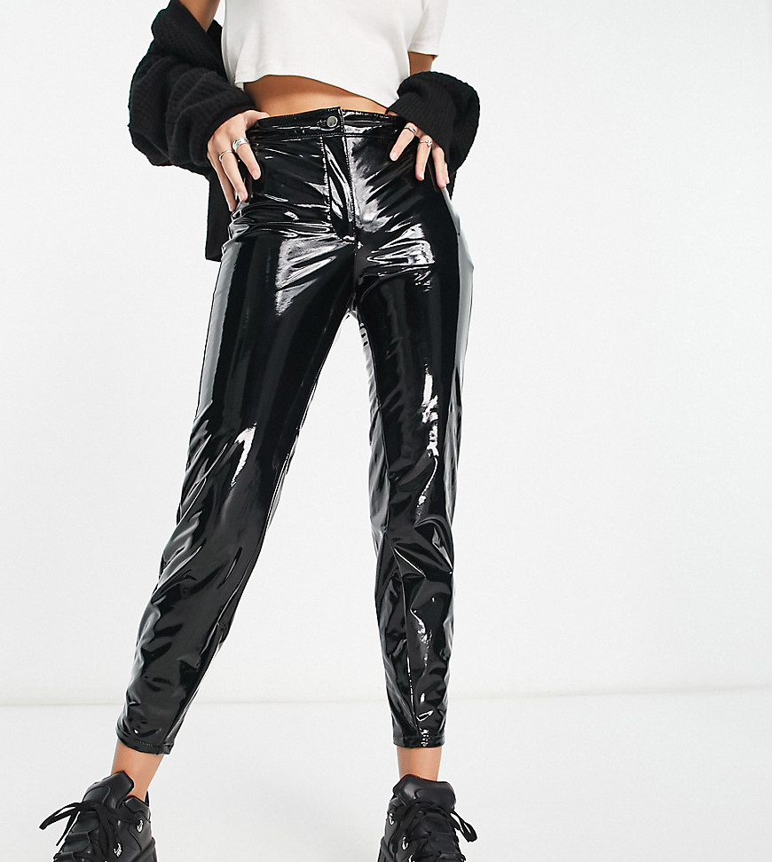 Noisy May Petite vinyl high waisted trousers in black