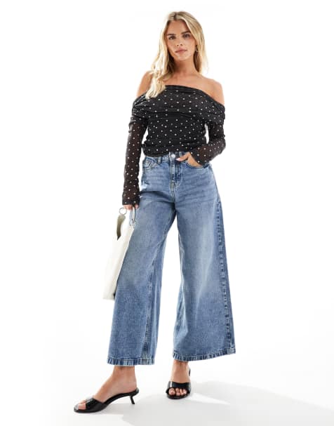 Noisy May Petite wide leg loose fit jeans in light wash blue - view 1