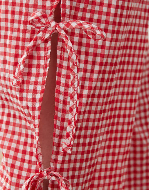 Noisy May Petite wide leg side tie detail pants in red gingham, 2 of 5
