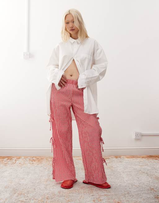Noisy May Petite wide leg side tie detail pants in red gingham, 3 of 5