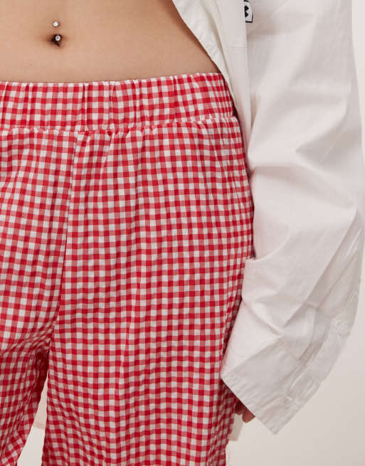 Noisy May Petite wide leg side tie detail pants in red gingham, 4 of 5