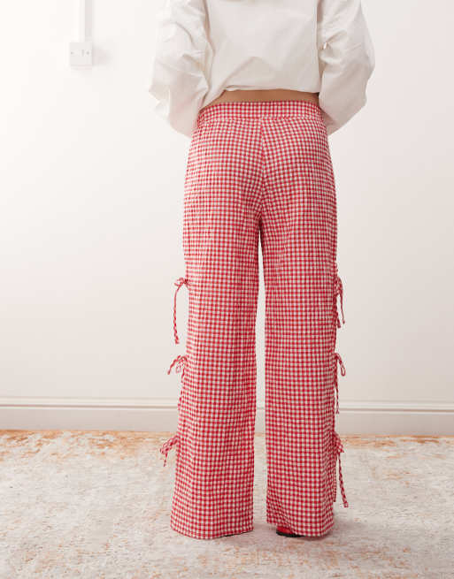 Noisy May Petite wide leg side tie detail pants in red gingham, 5 of 5