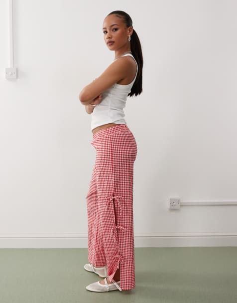 Noisy May Petite wide leg side tie detail trousers in red gingham - view 1