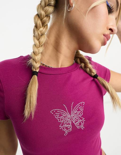 Noisy May - Pink cropped t-shirt med rhinstens-sommerfugl