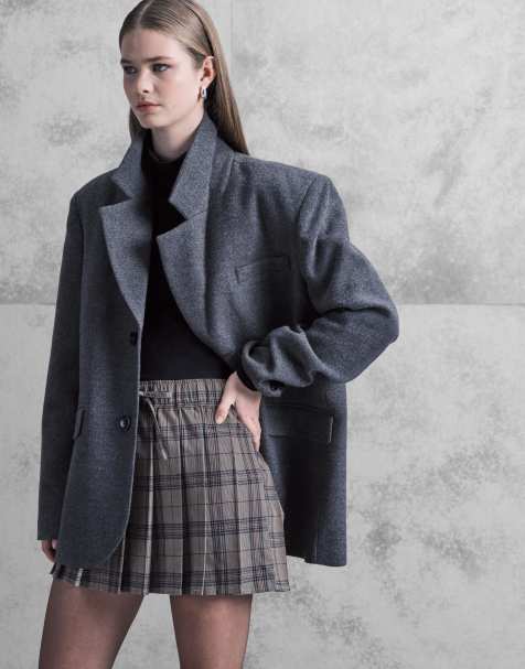 Noisy May pleated mini high waist skirt in beige check - view 1