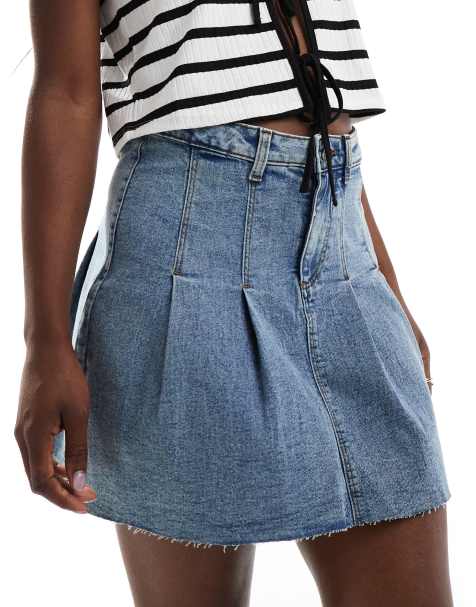 Noisy May pleated mini skirt in mid blue wash - view 1