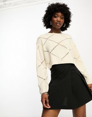 Noisy May pointelle wide neck jumper in cream