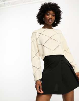 Noisy May Pointelle Wide Neck Sweater In Cream-white