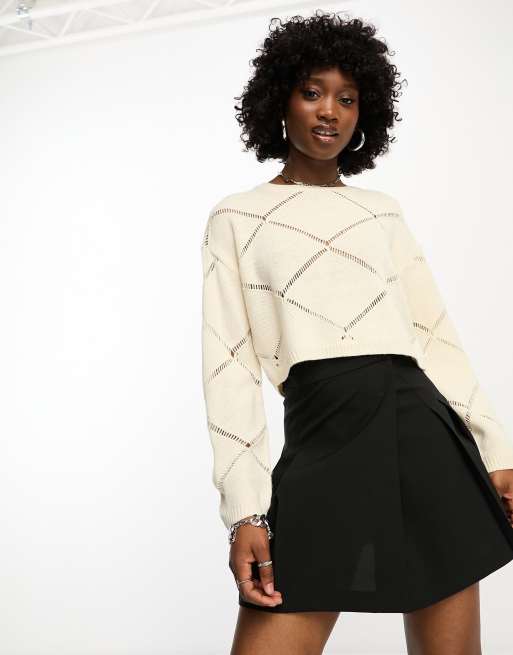 Noisy May pointelle wide neck sweater in cream