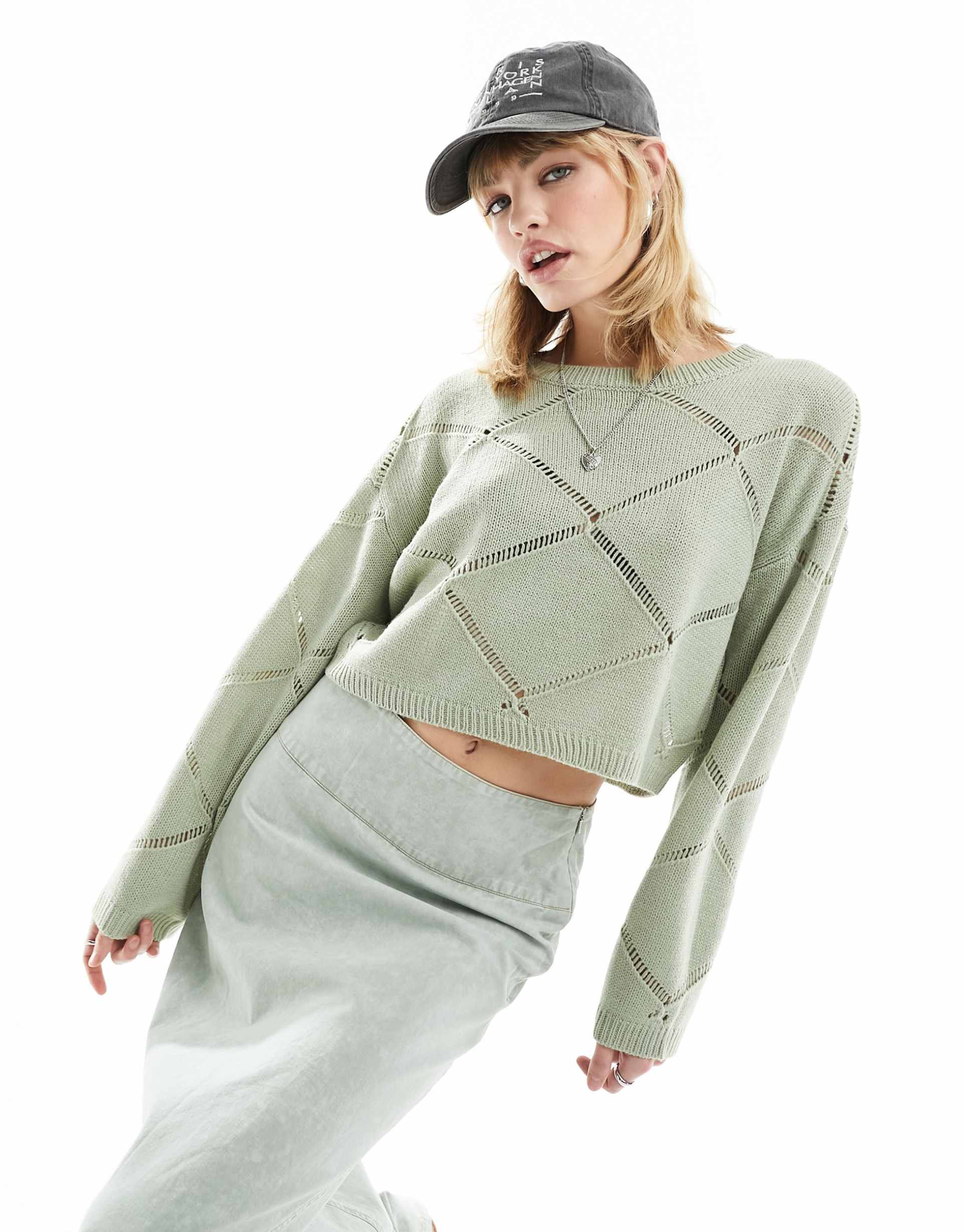 noisy may pointelle wide neck sweater in light green