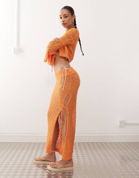 Noisy May side split tie detail crochet maxi skirt in orange