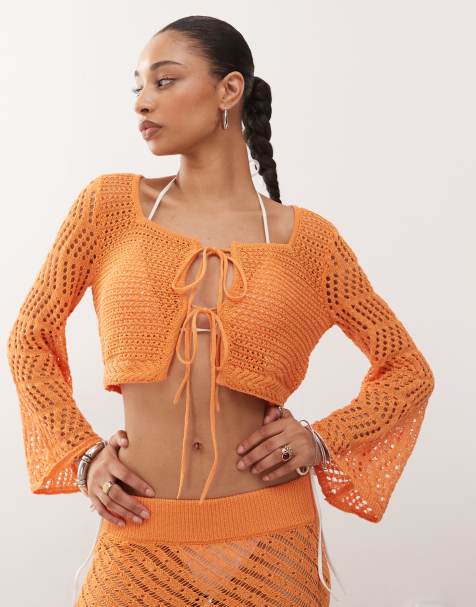 Noisy May – Pomarańczowy szydełkowany kardigan z wiązaniem z przodu, część zestawu - view 1