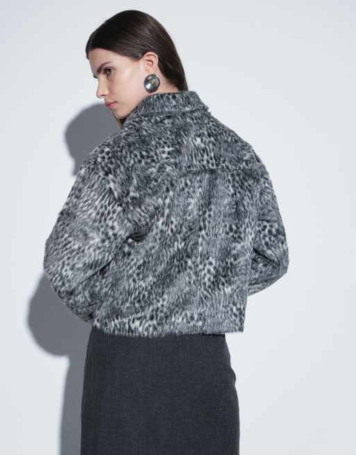 Noisy May pony hair racer jacket in black leopard print, 3 of 4