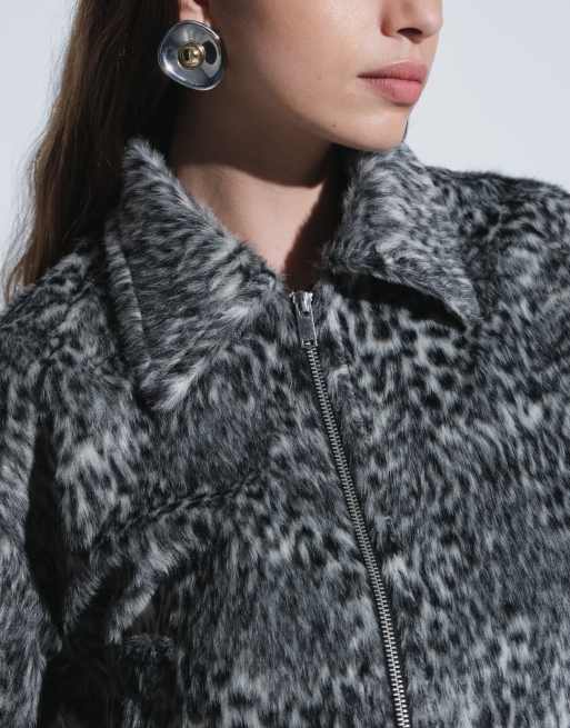 Noisy May pony hair racer jacket in black leopard print, 4 of 4