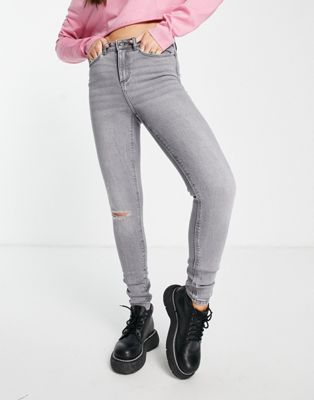 Jeans skinny Noisy May Premium - Callie - Jean skinny à taille haute et genou déchiré - Gris clair