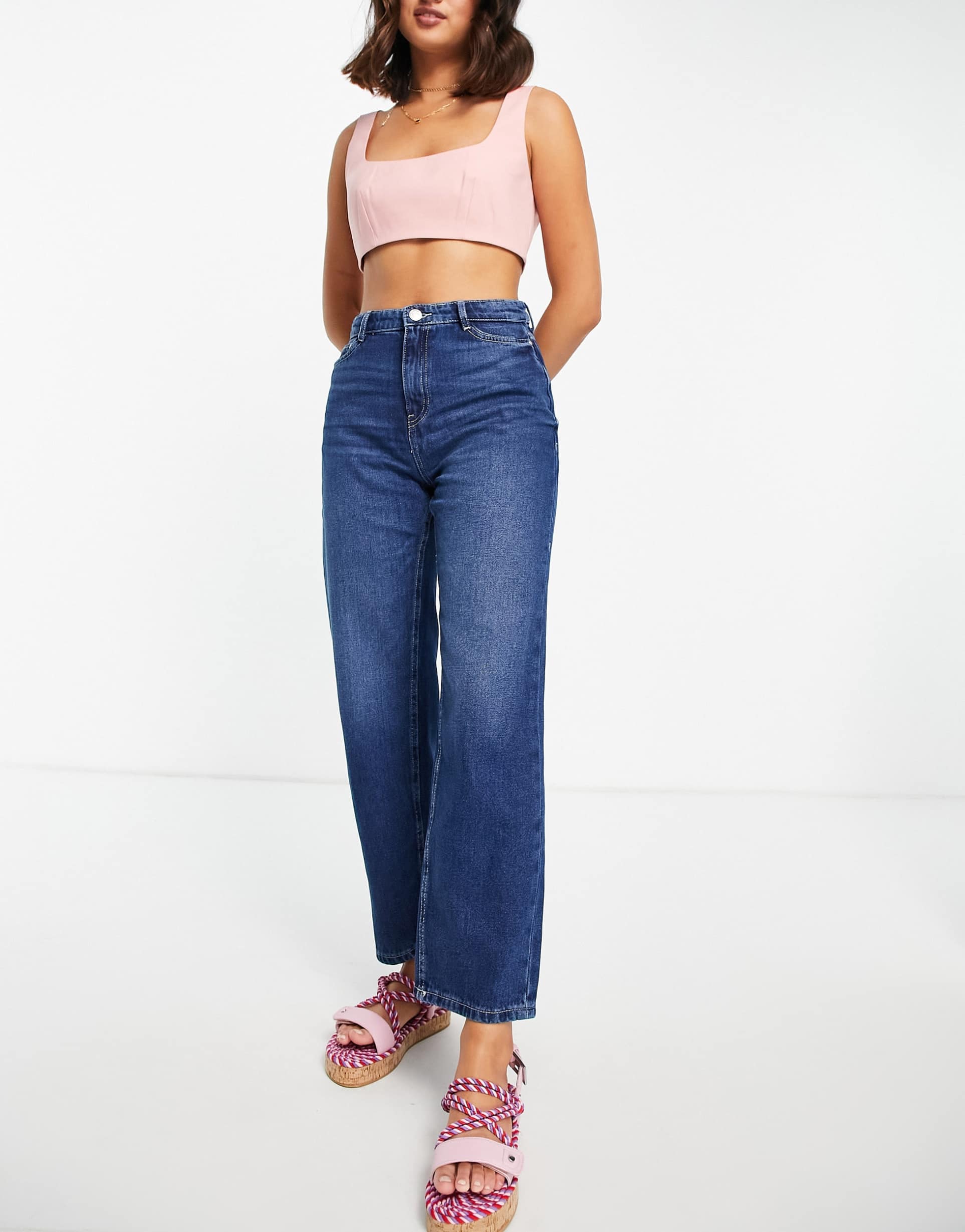 noisy may premium high waist dad jeans in medium blue