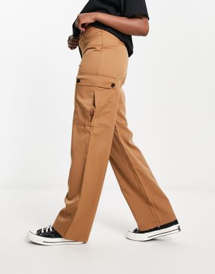 premium wide leg cargo pants in camel-Neutral