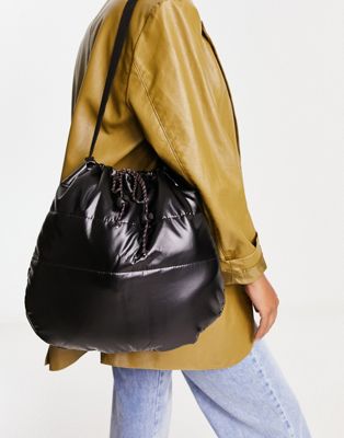 Noisy May puffer shoulder bag in black faux leather