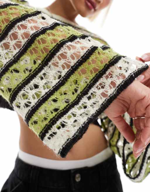 Noisy May Curve open knit cropped sweater with wide sleeves in cream & green