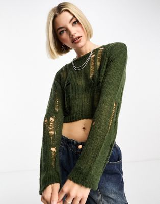 Noisy May open knit cropped jumper in khaki - ASOS Price Checker