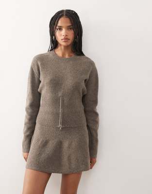 Pull d'ensemble en maille à détail zippé - Marron clair chiné-Brown S