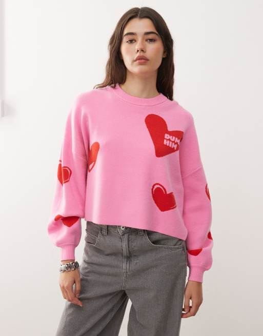 Noisy May - Pull en maille avec cœurs rouges et inscription « Dump Him » - Rose, 2 de 4