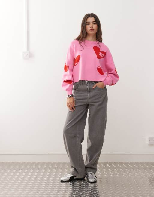 Noisy May - Pull en maille avec cœurs rouges et inscription « Dump Him » - Rose, 3 de 4