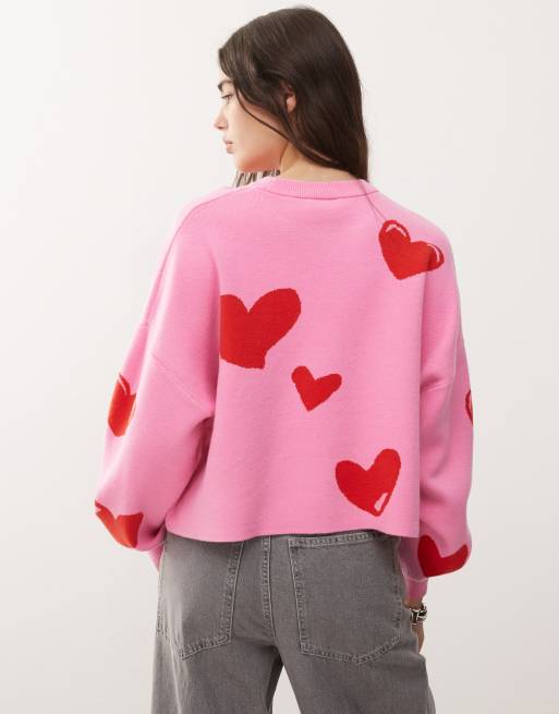 Noisy May - Pull en maille avec cœurs rouges et inscription « Dump Him » - Rose, 4 de 4