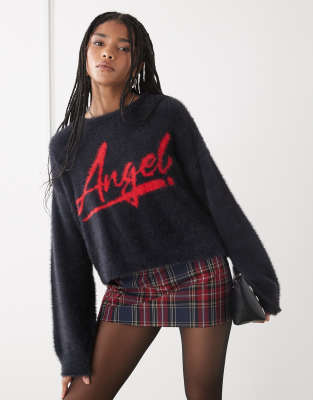 Noisy May - Pull en maille duveteuse avec inscription Angel » - Bleu marine-Noir