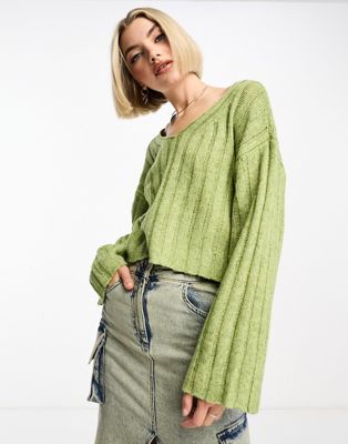 Noisy May slouchy v-neck wide rib knit jumper in green - ASOS Price Checker