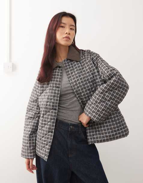 Noisy May quilted plaid jacket in brown - view 1