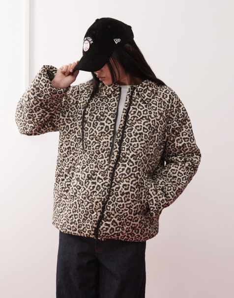 Noisy May quilted zip through jacket in leopard print - view 1