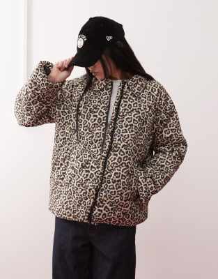 quilted zip up jacket in leopard print-Brown