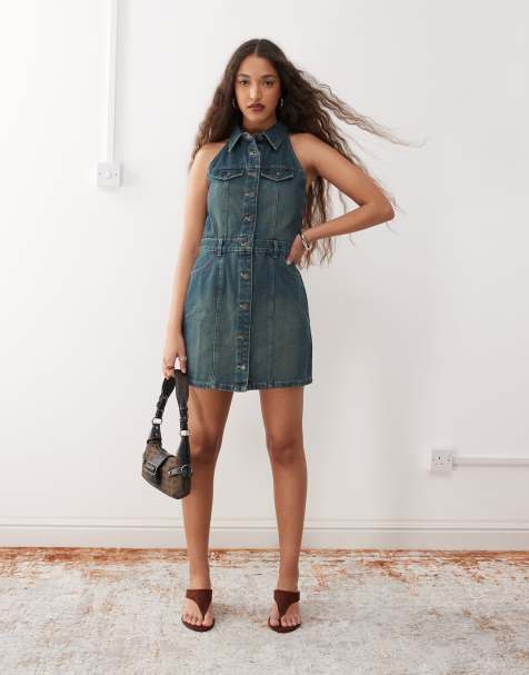 Noisy May racer neck collared dress in tinted blue denim - view 1