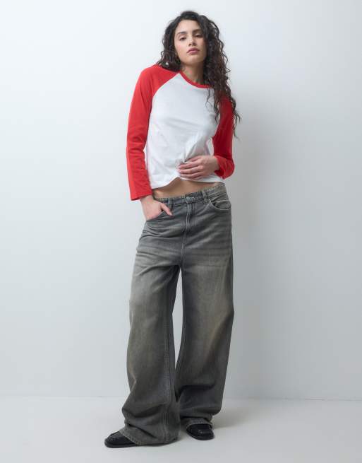 Noisy May raglan T-shirt met contrasterende lange mouwen in rood, 3 van 4