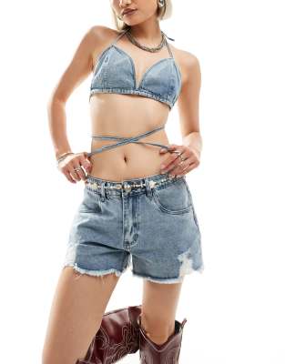 raw hem denim shorts in medium blue denim - part of a set