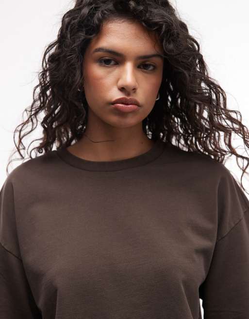Noisy May - Recht cropped T-shirt in bruin met wassing, deel van co-ord set, 4 van 4