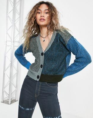 Noisy May button up cardigan in blue colour block